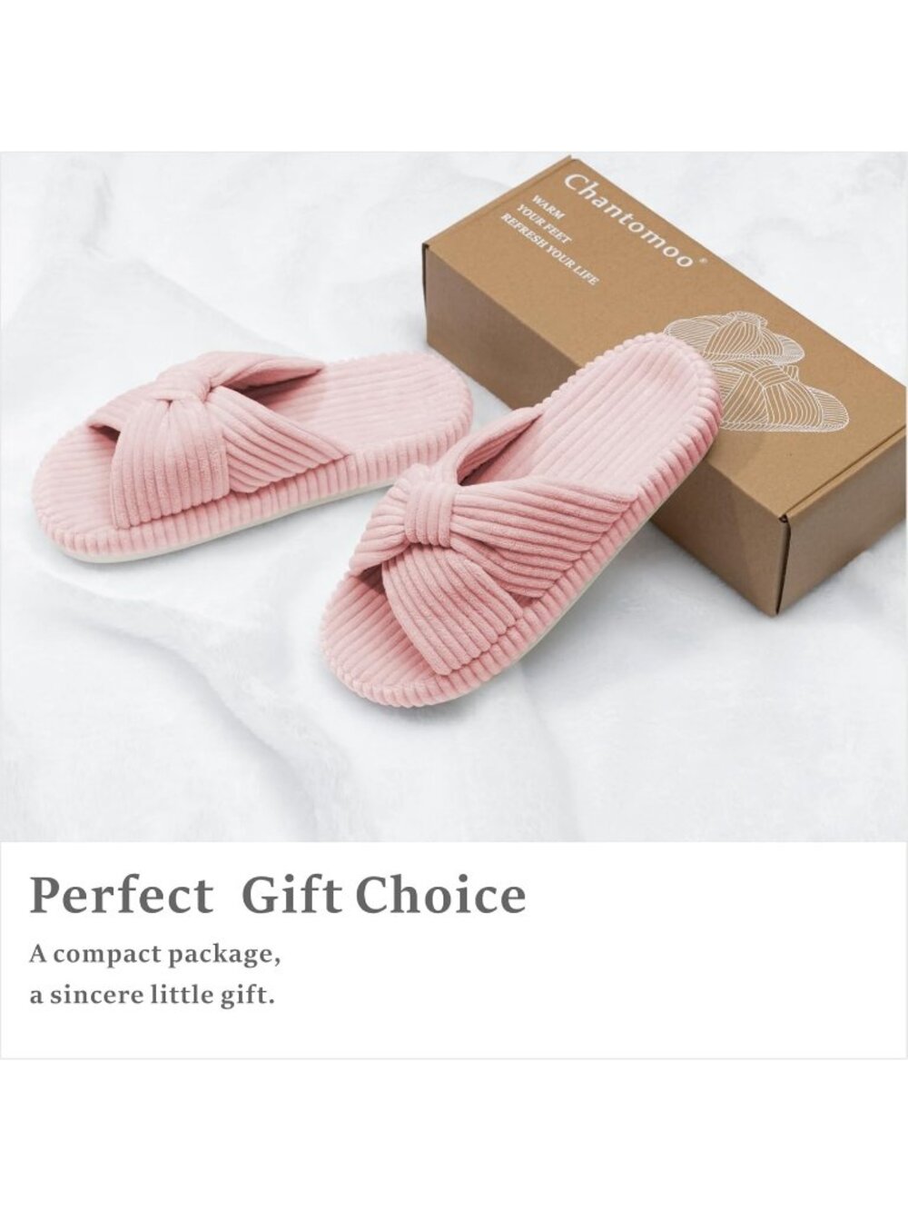 Women's Pink Memory Foam House Corduroy Bow Crossbands Comfy Soft Slipper Shoes - Picture 5 of 6